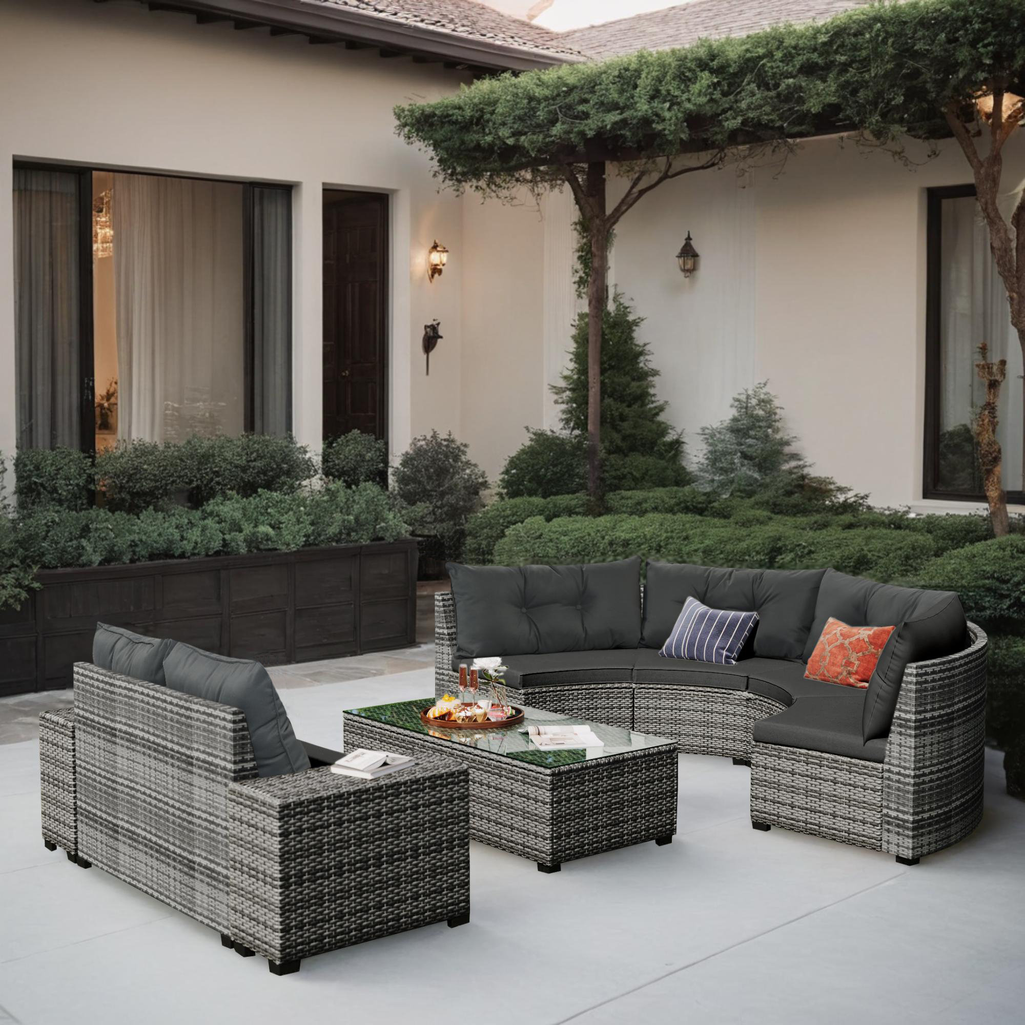 Latitude Run® All Weather 8pieces HalfMoon Outdoor Wicker Sectional