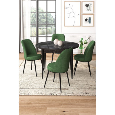 Modern 5-Piece Dining Table & Chairs Set, Black Marble & Khaki | 100% Melamine Coated Chipboard, Table: 35.4 x 29.5 x 35.4 inches | Chairs: 17.7 x 35.8 x 16.5 inches, Metal Legs, Comfortable Foam Cushions, Stylish & Durable Design