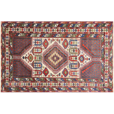 Tapis unique en laine noué à la main des années 1960 de 4 pi 4 po x 6 pi 10 po en rouge / bleu