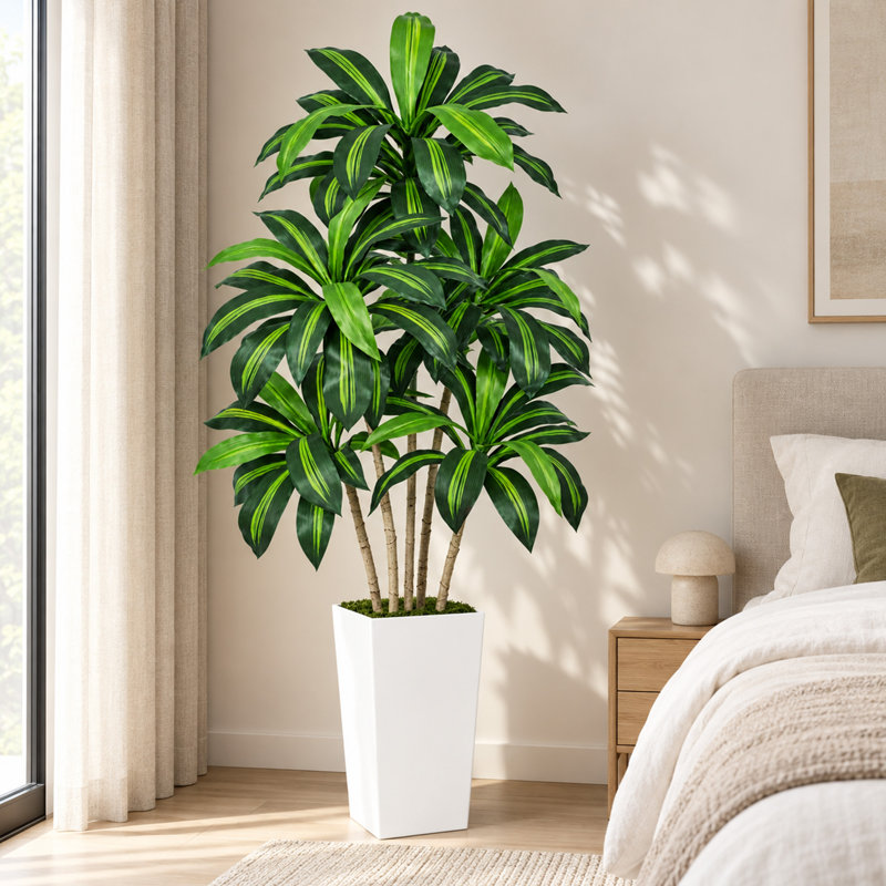 Arbre artificiel Dracaena de 1,5 m, plante Dracaena fragrans à plusieurs têtes avec pot blanc, feuilles réalistes aux tons jaunes, plante d'intérieur facile d'entretien pour la décoration de la maison et du bureau extérieur couvert