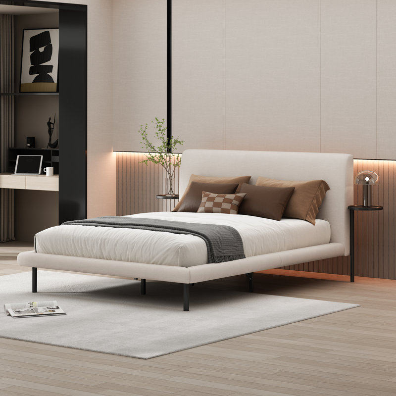 Arcola Upholstered Platform Bed with Side Table, Queen, Cream