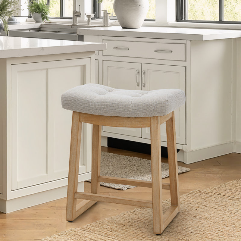 24" Upholstered Saddle Counter Height Bar Stool with Wood Frame for Kitchen Island, Beige Linen/Wood