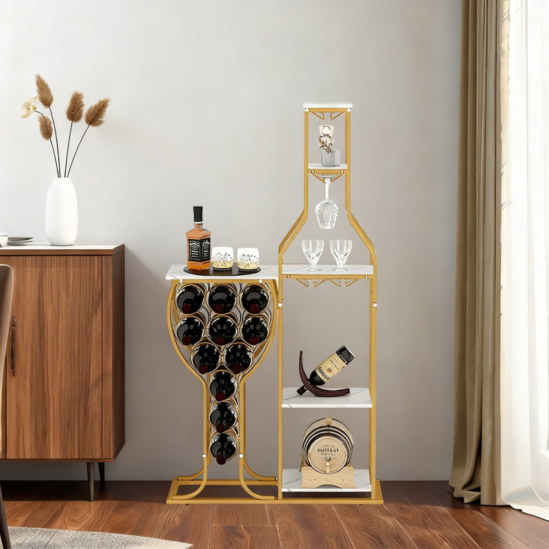 Support à vin autoportant à 5 niveaux avec plateau en bois et cintres en verre, armoire à vin de plancher peu encombrante pour 11 bouteilles, assemblage facile pour le bar et la cuisine