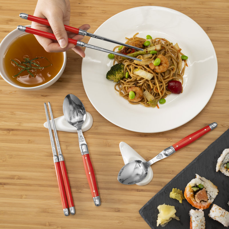 French Home Red Chopsticks, Laguiole Spoons And Ceramic Rests, Set Of 4 Pairs