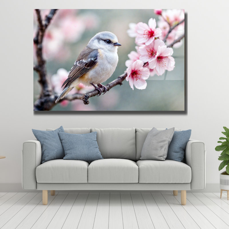 Bird on Flower Blossom Branches Vibrant Colorful Art - Art mural en verre trempé, 24 po H x 36 po L