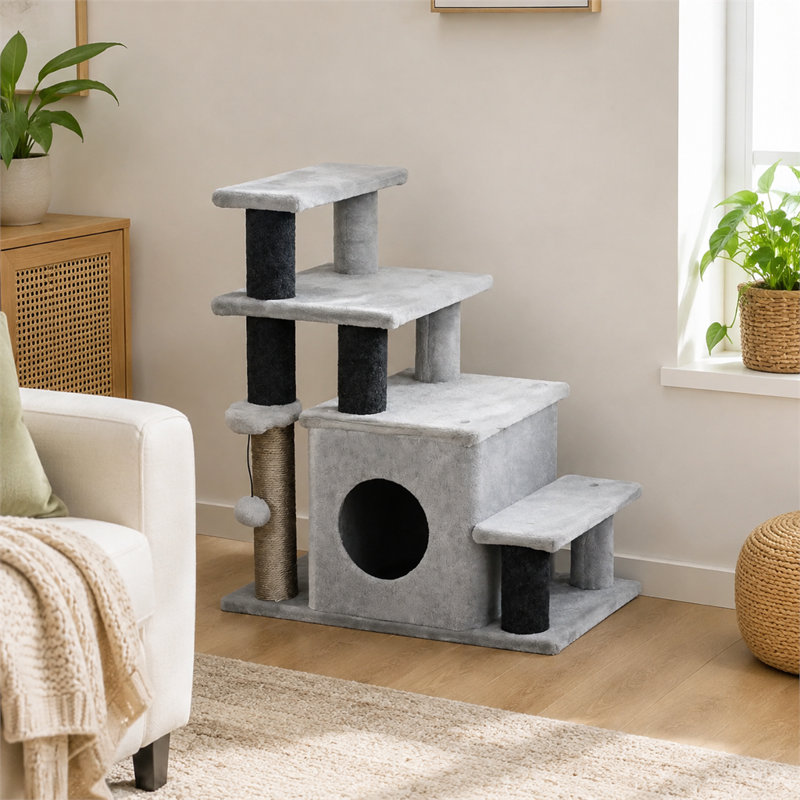 Arbre à chat à plusieurs niveaux avec niche confortable, griffoir en sisal et jouet interactif - Centre d'activités pour chats d'intérieur