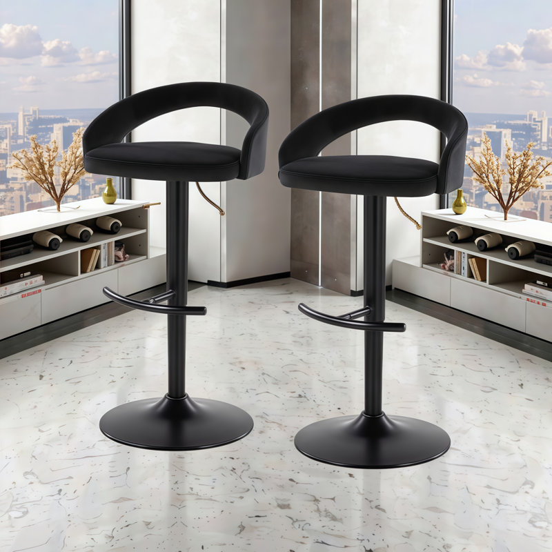 Ensemble de 2/3 tabourets de bar pivotants réglables en velours avec repose-pieds en T et base en métal, Noir, 2, Noir