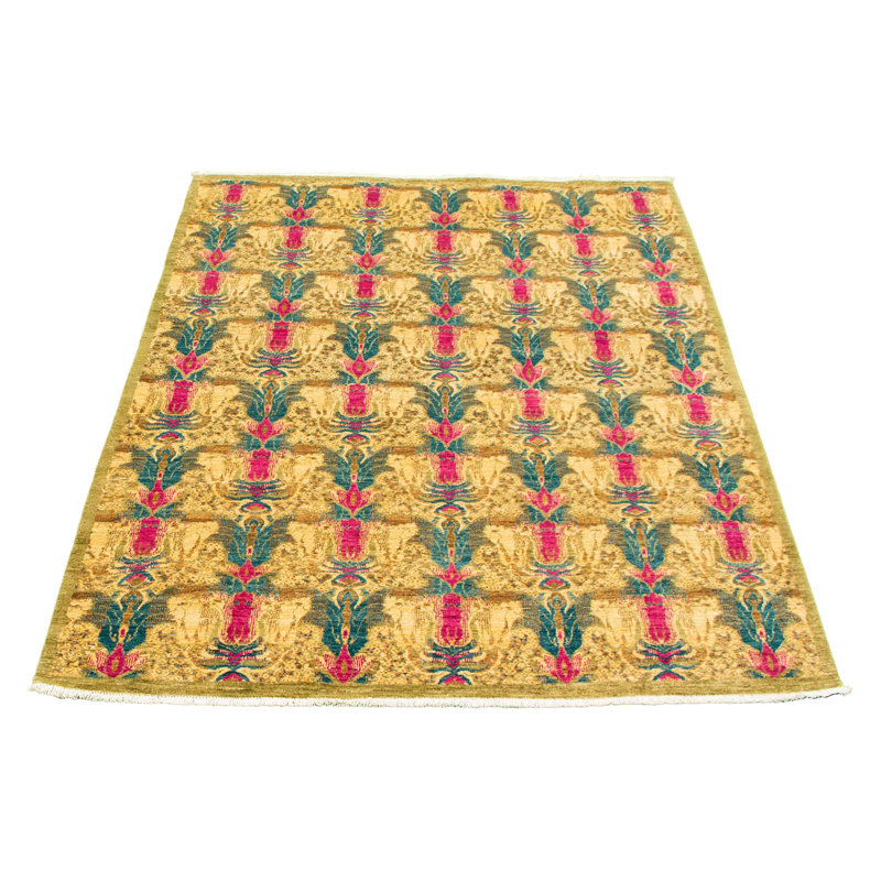 Tapis décoratif en laine vert olive/jaune 6 pi x 8 pi 4 po New Age Lahore noué à la main