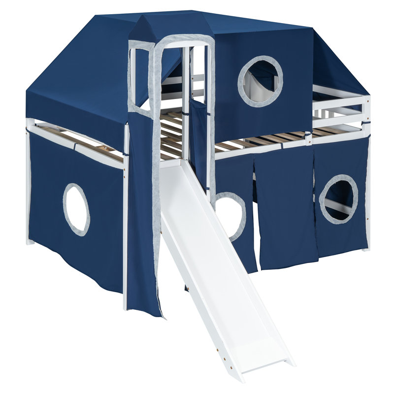 Celestia Castle House Loft Bed With Storage Stairs, Slide and Tent, Blue, Full