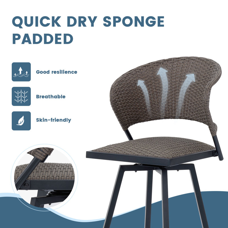 3 Pieces Outdoor Bar Set With Swivel Bar Stools, Brown/Walnut