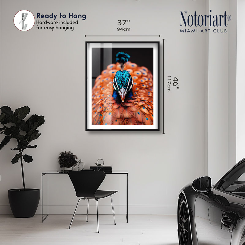 Art mural de salon Fiery Peacock II Shadowbox par Notoriart, cadre noir, 36 x 45, H 46 po x l 37 po, Cadre noir