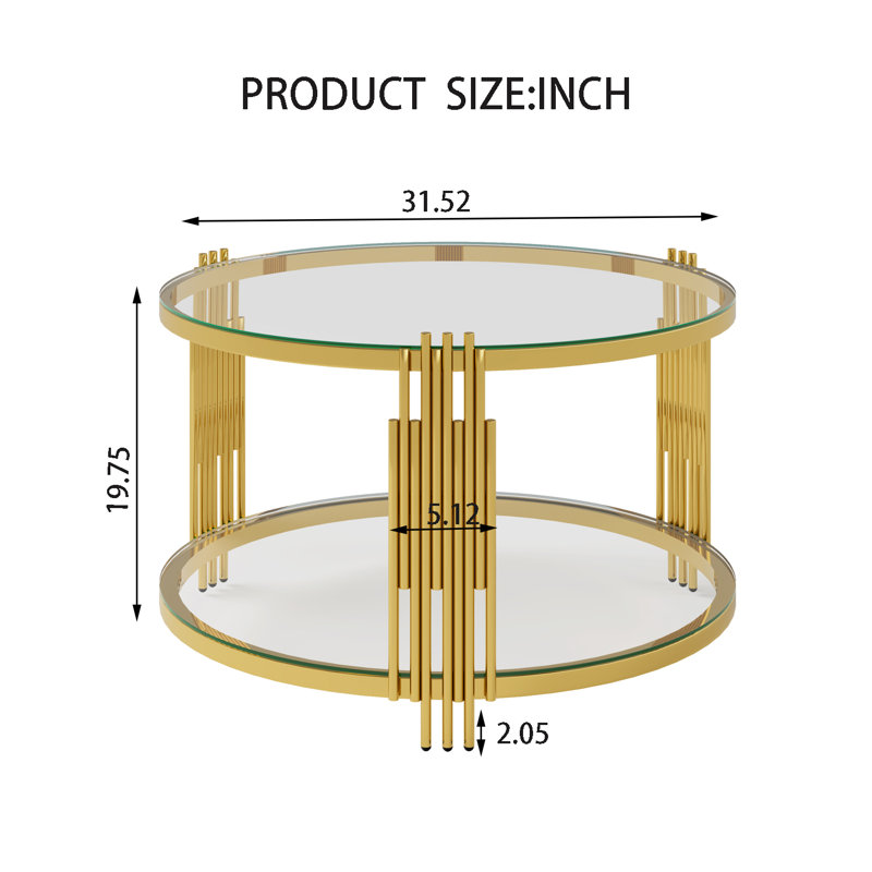 Table basse ronde moderne avec rangement inférieur, Clear/Gold