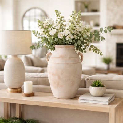 Krystaline Modern Terracotta Table Vase for Home Decor - Tall Flower Vase Accent with Handles for Kitchen and Living Room Display