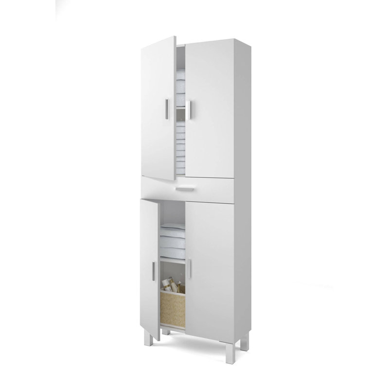 Multipurpose Cabinet Oxnard With 4 Doors And 1 Drawer, 60X29H182 Cm, Glossy White