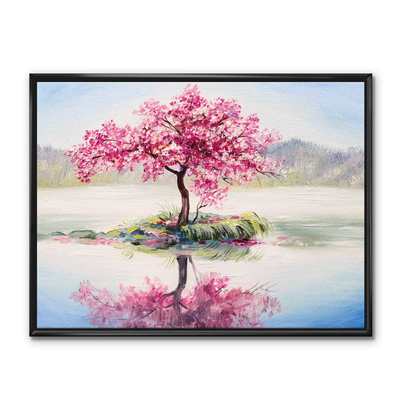 Cerisier japonais sur un petit îlot idyllique - reproduction d'art sur toile, H 24 po x l 32 po x P 1 po
