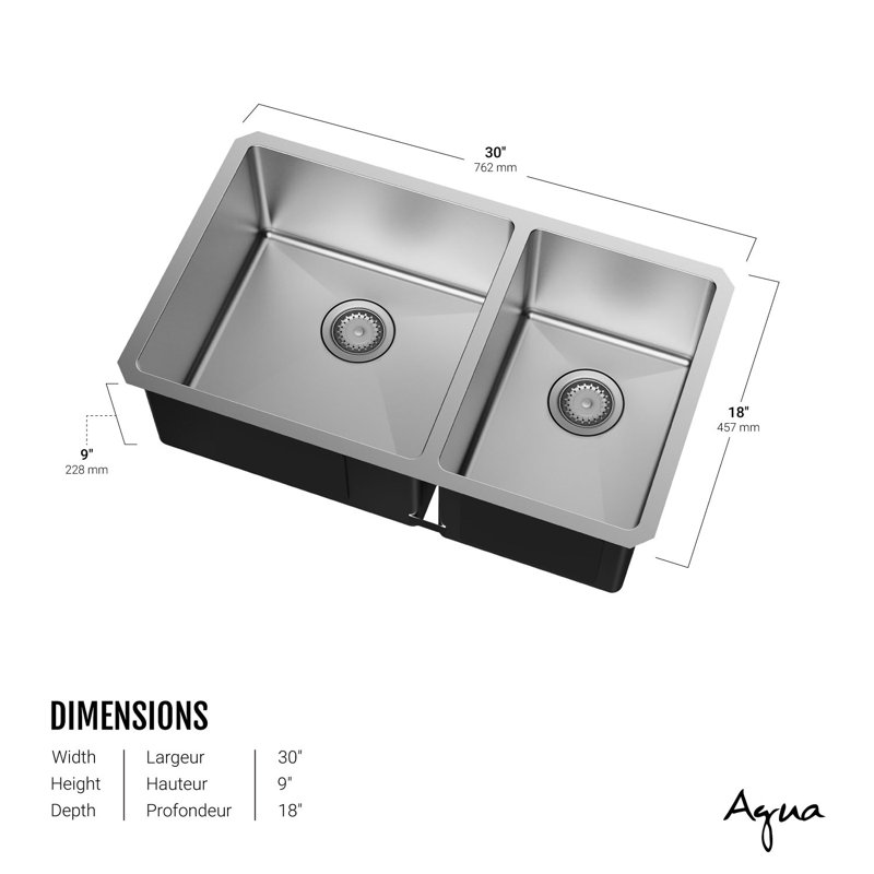 Évier de cuisine en acier inoxydable encastrable 2 bols, 30 po x 18 po, Acier Inoxydable