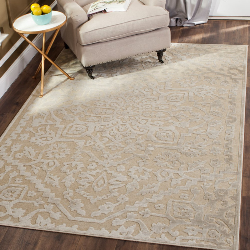 Stone and Beige Floral Viscose Area Rug 4' x 5'7"