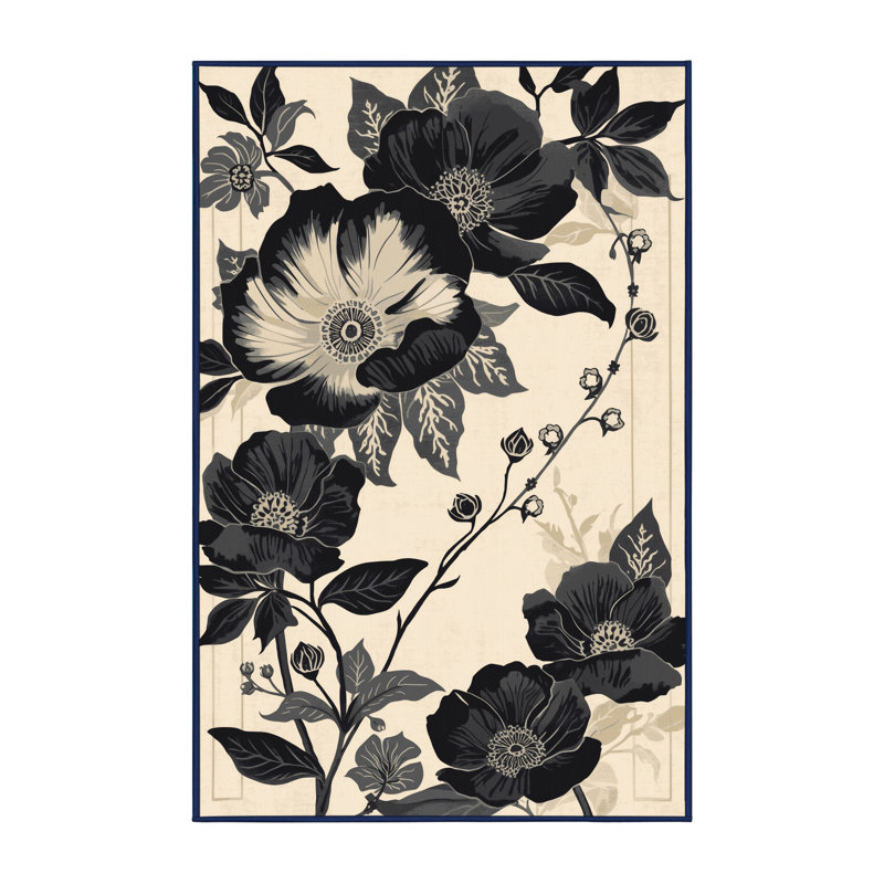 Machine Washable Pauleta Classic Oriental Rug in Beige – Navy Binding, 5x8