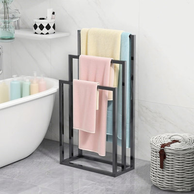 3-Tier Towel Rack Freestanding Towel Rack, 3 Tier Metal Towel Rack Blanket Rack Stand for Bedroom Black Bath Towel Holder Stand Floor for Bathroom Floor Towel Holder with Wooden Storage Shelf