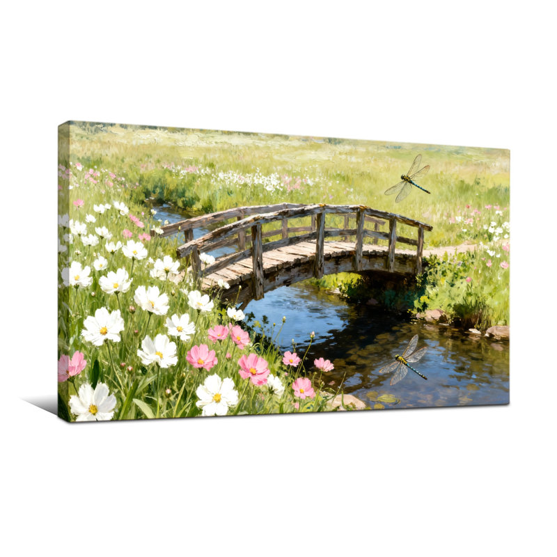 Plantes et fleurs, pont en bois au-dessus d'un ruisseau avec fleurs et libellules, H 16 po x l 32 po