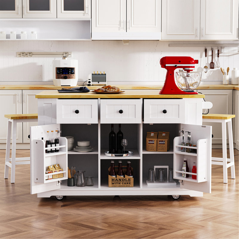 53inch Large Kitchen Island with 2 Bar Stools, Power Outlet,Door Internal Storage Rack, Kitchen Storage Cart on 5 Wheels with Drop Leaf, 5 Open Side Racks, 3 Drawers(Three Packages)