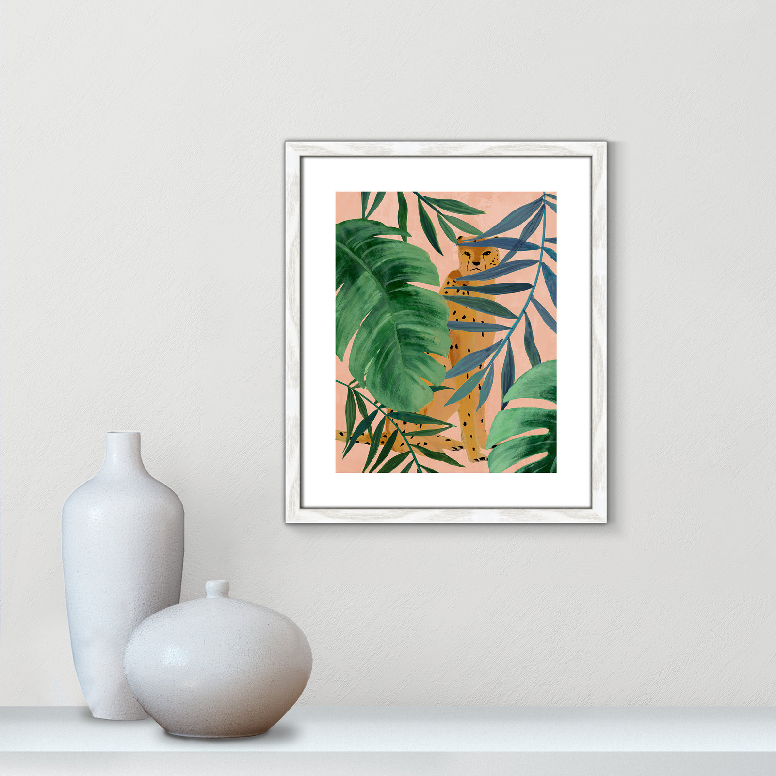 Silent Jungle - Painting Print, 19" H x 16" W x 0.75" D, White Wood Framed Paper