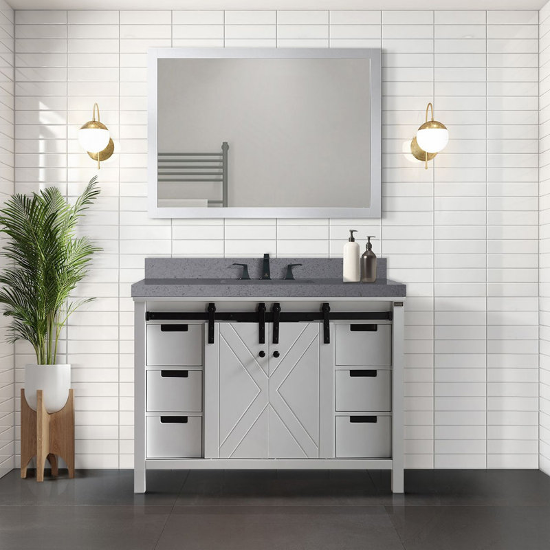 Meuble-lavabo blanc 48 po X P 22 po P, comptoir en quartz gris, ensemble de robinets et Miroir