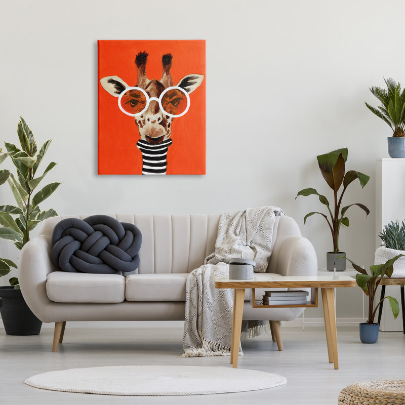 Au-919-Toile, girafe audacieuse et verres sur toile par Coco De Paris, peinture, H 40 po x l 30 po x P 1,5 po