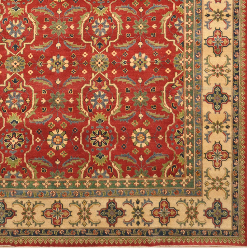 Tapis unique en laine noué à la main de style Kazak rouge / ivoire / vert 9 pi x 12 pi 2 po Jevon