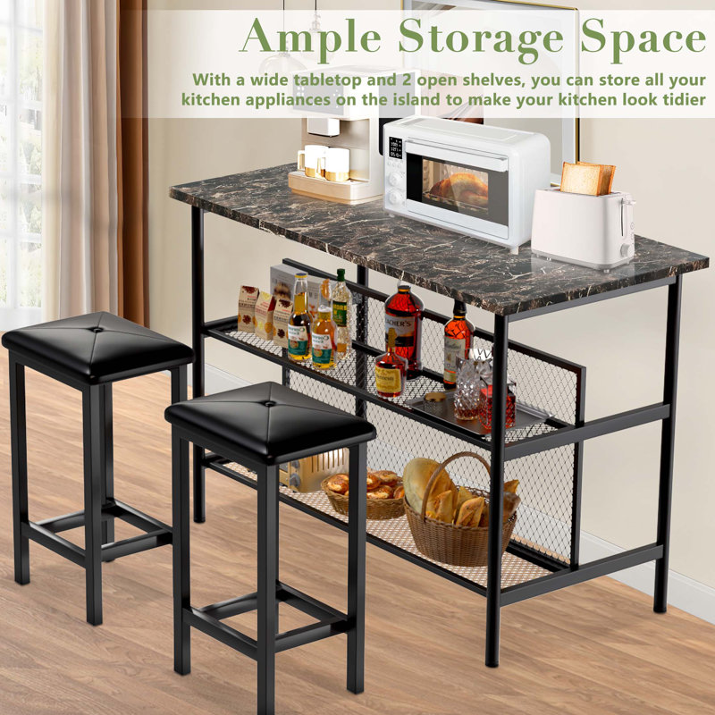 White Faux Marble 3-Piece Pub Dining Set with Storage Shelves
