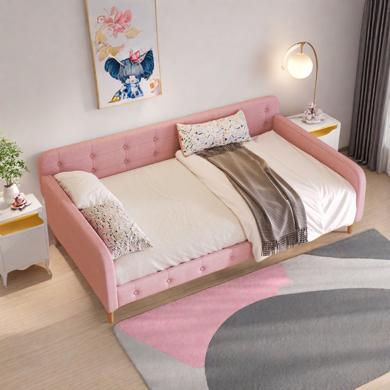 Lit de jour moderne rembourré avec 4 pieds de soutien et capitonnage à boutons, Rose