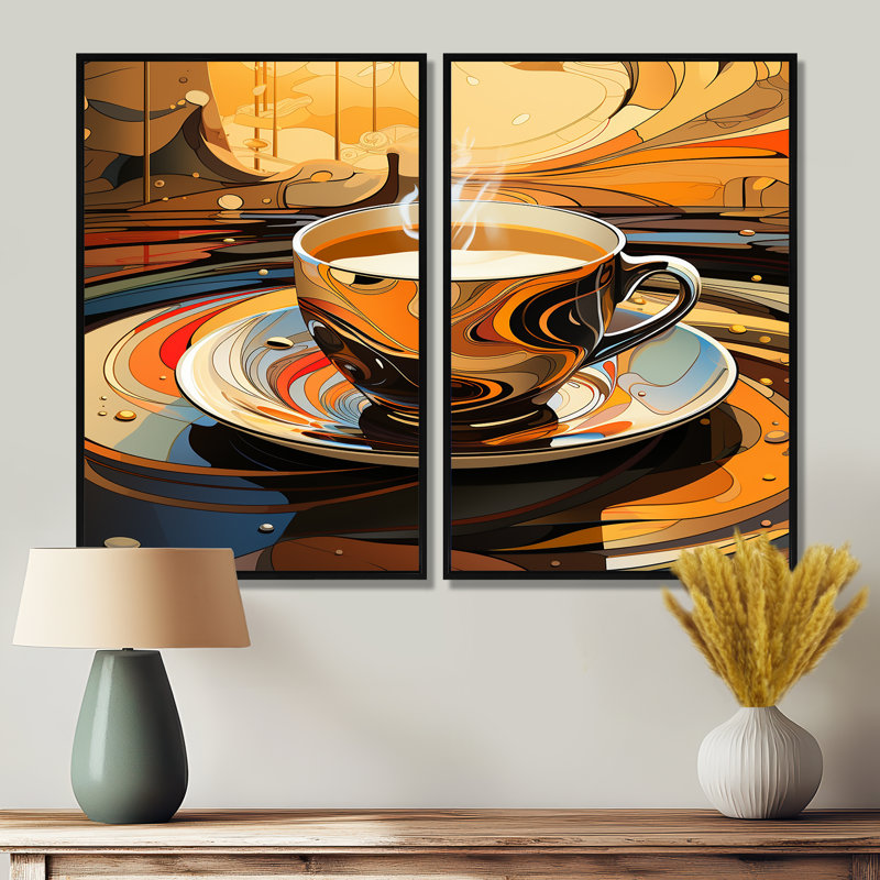 «Yellow Steaming Coffee Brew» - art mural jaune, H 36 po x l 48 po, Reproduction encadrée sans passe-partout, Noir