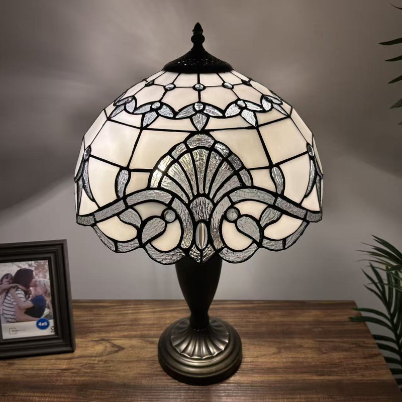 Tiffany Table Lamp White Stained Glass Baroque Style LED Bulb Included 14"W*14"D*21"H
