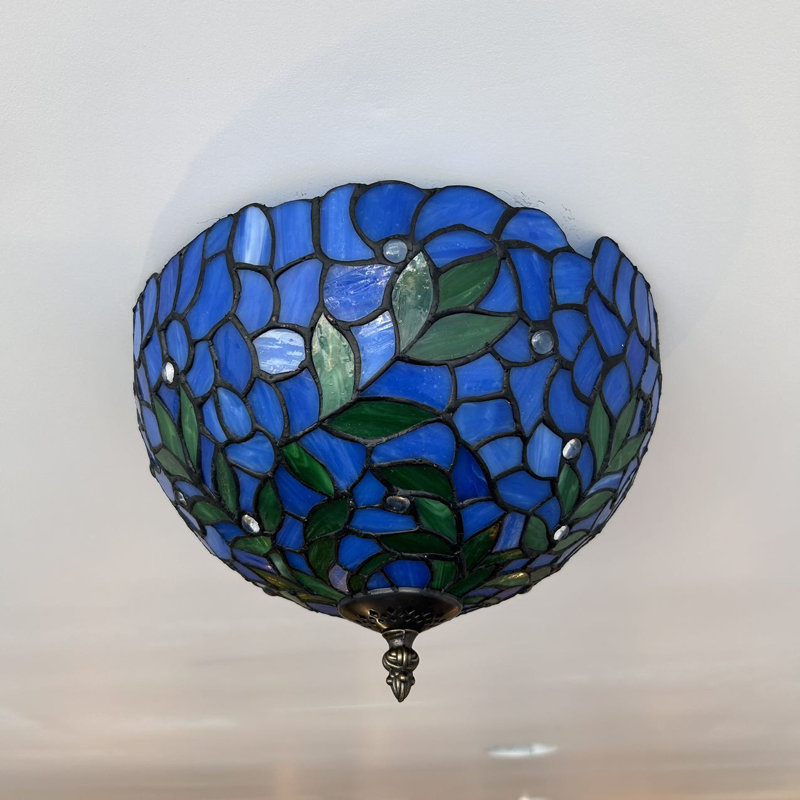 Tiffany Ceiling Lights Fixture Purple Stained Glass Green Leaves LED Bulbs Included 12”W*12”D*8”H, Blue