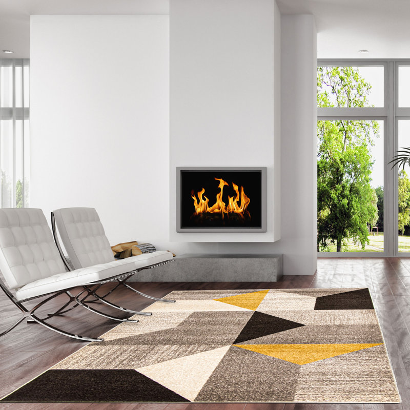 Tapis abstrait ivoire / noir / gris Tiago, Rectangle 7 pi 10 po x 10 pi 2 po