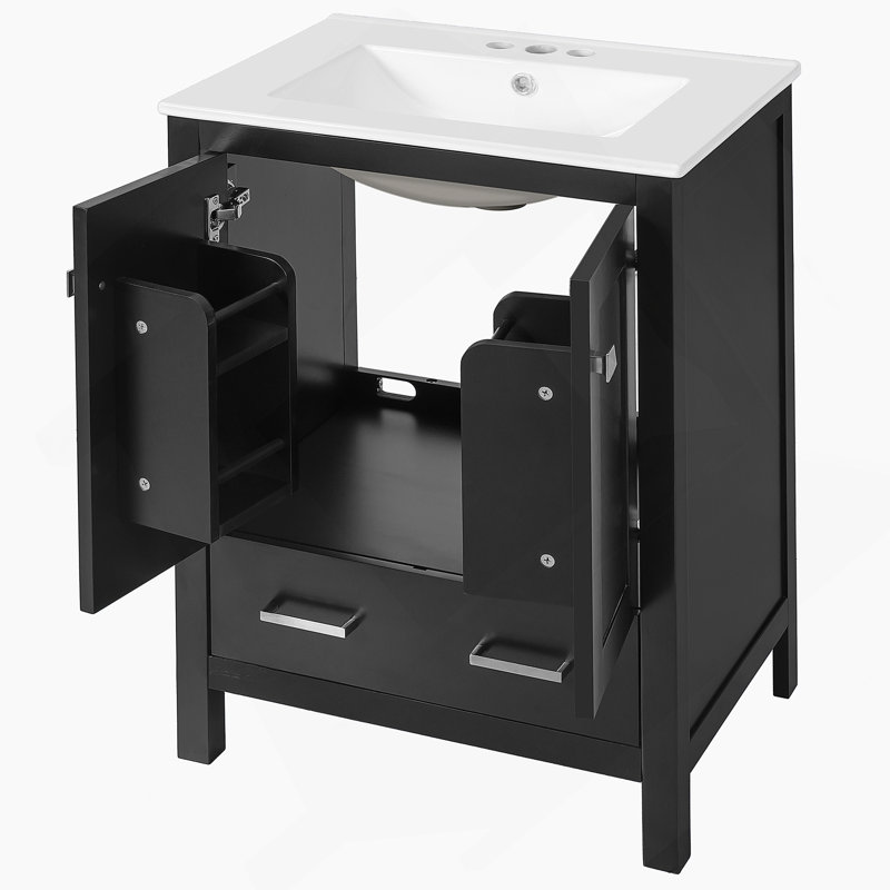 Meuble-lavabo de 24 pouces avec lavabo encastré intégré et armoire de rangement avec 2 portes et 1 tiroir. Comprend une tablette de porte à double couche, conception à fermeture en douceur