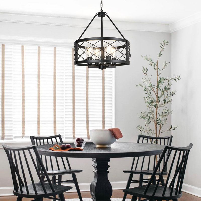Dodson 17.72 in. 4-Light Drum Farmhouse Chandelier for Dining Room Kitchen Bedroom Foyer, Matte Black