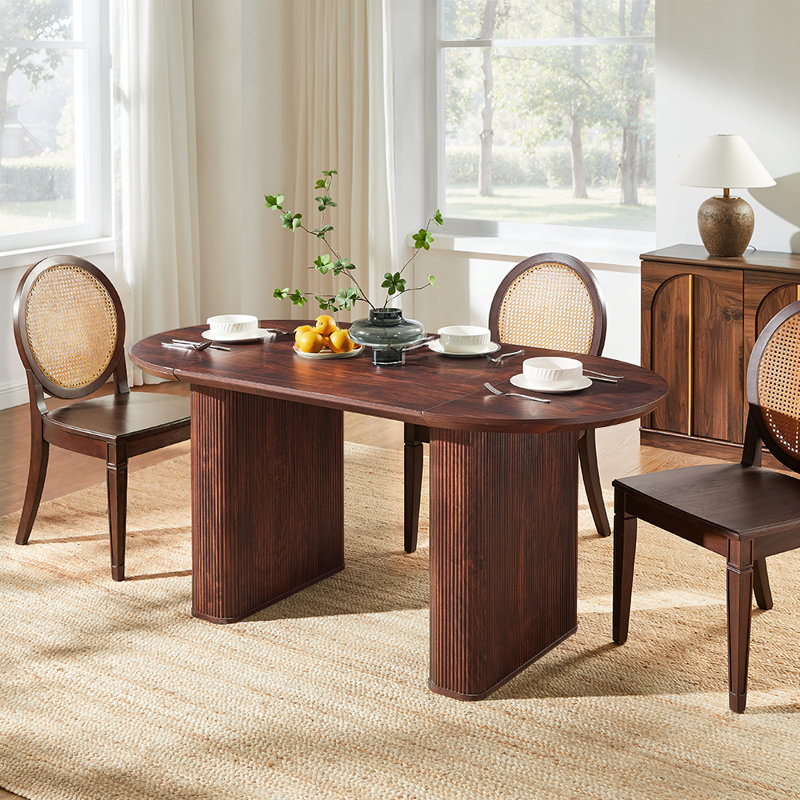 63" Fluted Oval Dining Table Double Pedestal Kitchen Table For 4-6 , Walnut