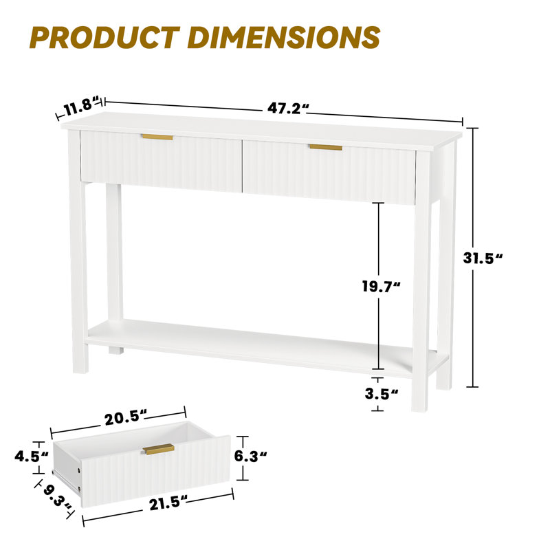 Diandre 47.2" Console Table With 2 Drawers And Gold Handles, Narrow Entryway Table For Hallway And Living Room, White