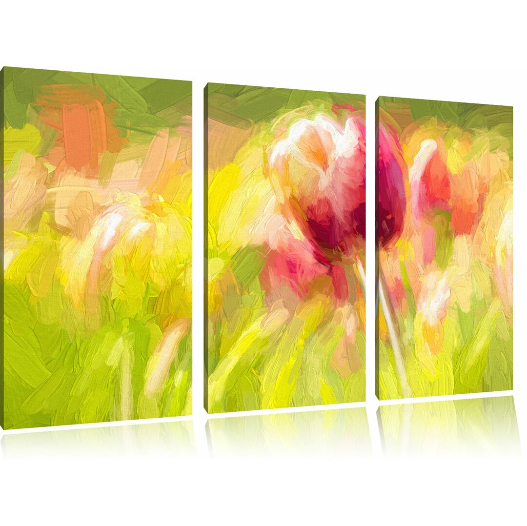 3-tlg. Leinwandbilder-Set „Blühende rote Tulpen“, Grafikdruck