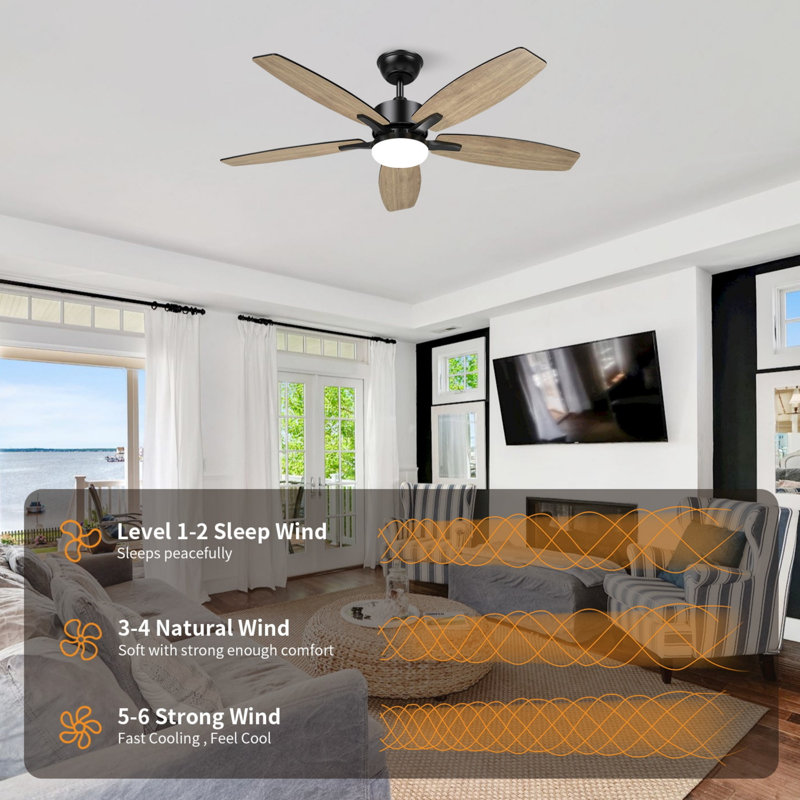 Ventilateur de plafond 52 po intérieur / extérieur moderne noir 52 po avec DEL 3 couleurs à intensité variable, télécommande, moteur à courant continu réversible, 6 vitesses