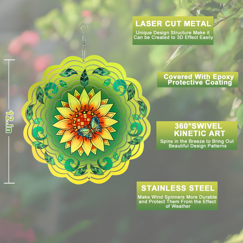 Bebhinn tournesol moulin à vent mandala 3D en acier inoxydable découpé au laser en métal motif à vent suspendu, cadeau de la fête des mères