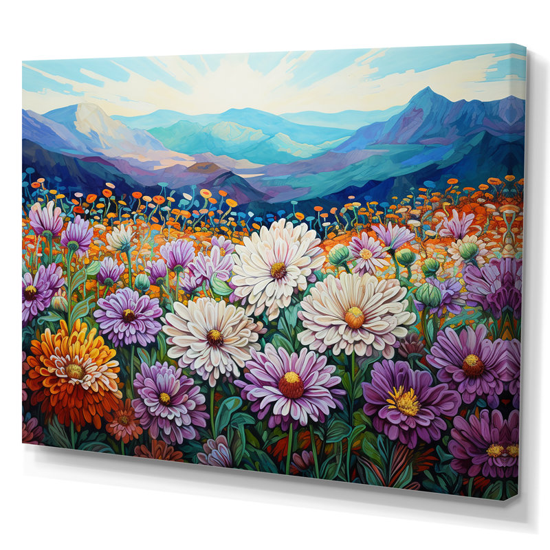 «Mums Flowers In Mountain Scenery III», reproduction sur toile, Toile tendue, H 34 po x l 44 po x P 1,5 po