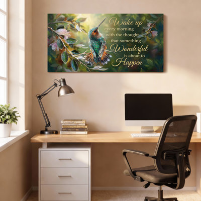 Hummingbird And Floral Canvas Wrapped Wall Art Oil Painting Print With Inspirational Quote Wake Up Every Morning With The Thought That Something Wonderful Is About To Happen (Set Of 1)