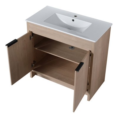 Modern 36" Freestanding Bathroom Vanity, Plain Oak, 2 Soft-Close Cabinet Doors, Adjustable Shelf Shelf, Metal Handles