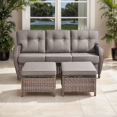 Agnes All-Weather Wicker Sofa Set With T-Back Cushions And Ottomans