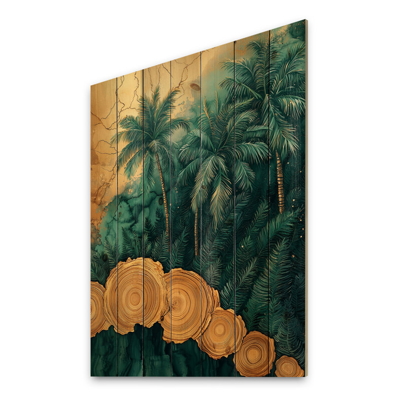 Décoration murale en bois palmiers émeraude sur forêt tropicale dorée IV - palmiers et palmiers