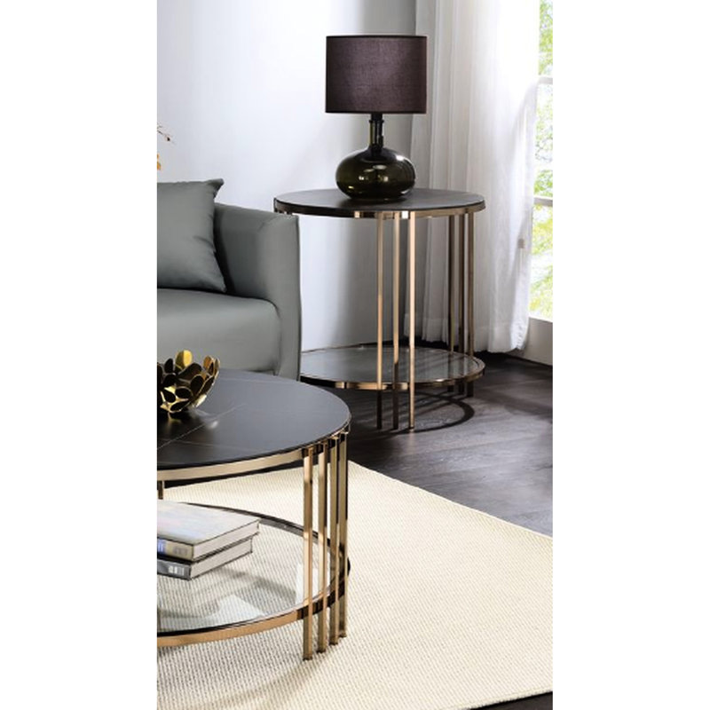 Élégante table de bout en pierre frittée avec finition champagne, 1 tablette pour présentation, objet de décoration moderne, 23,28 po X 24,48 po, organisation noire, option