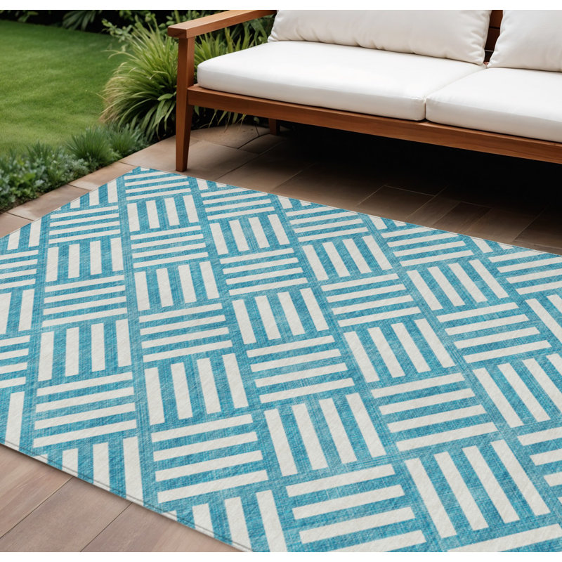 Tapis extérieur bleu sarcelle et ivoire lavable 10 pi x 14 pi bleu sarcelle et ivoire
