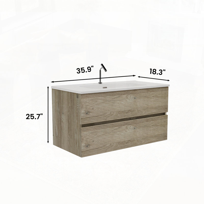 Meuble-lavabo mural avec lavabo en céramique intégré et trop-plein, Chêne
